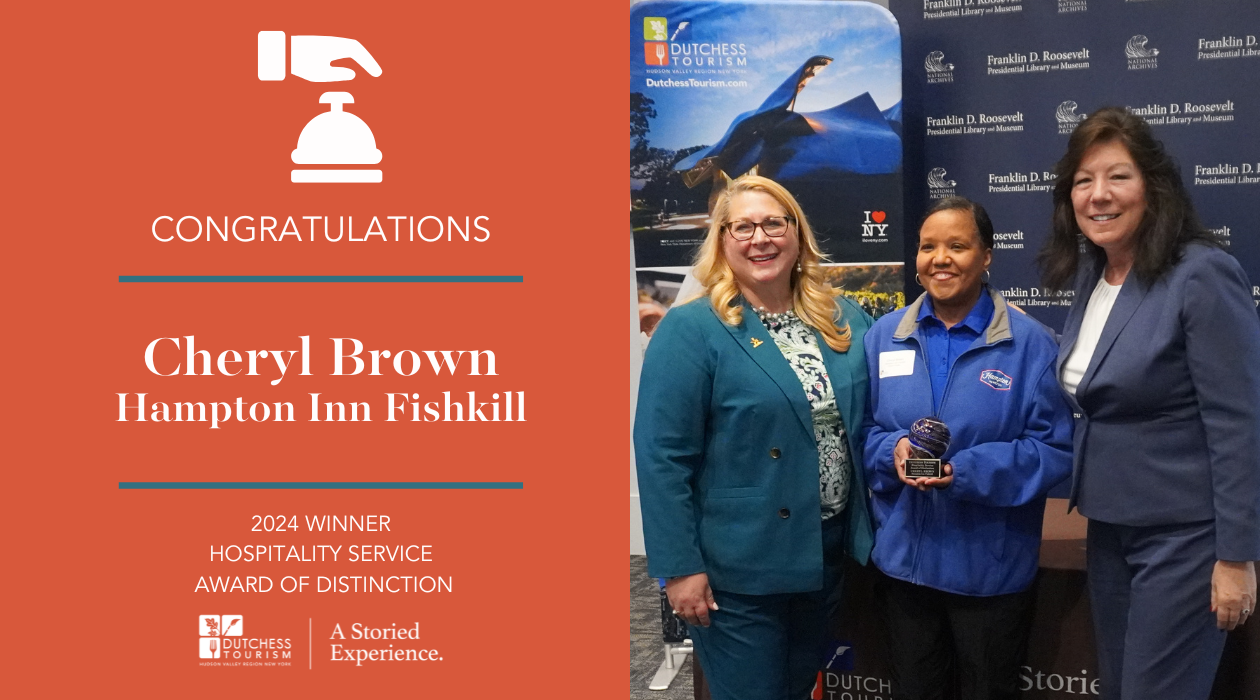 Cheryl Brown of the Hampton Inn Fishkill holds her award at the 2024 Awards of Distinction Breakfast alongside Dutchess Tourism CEO Melaine Rottkamp and Dutchess County Executive Sue Serino